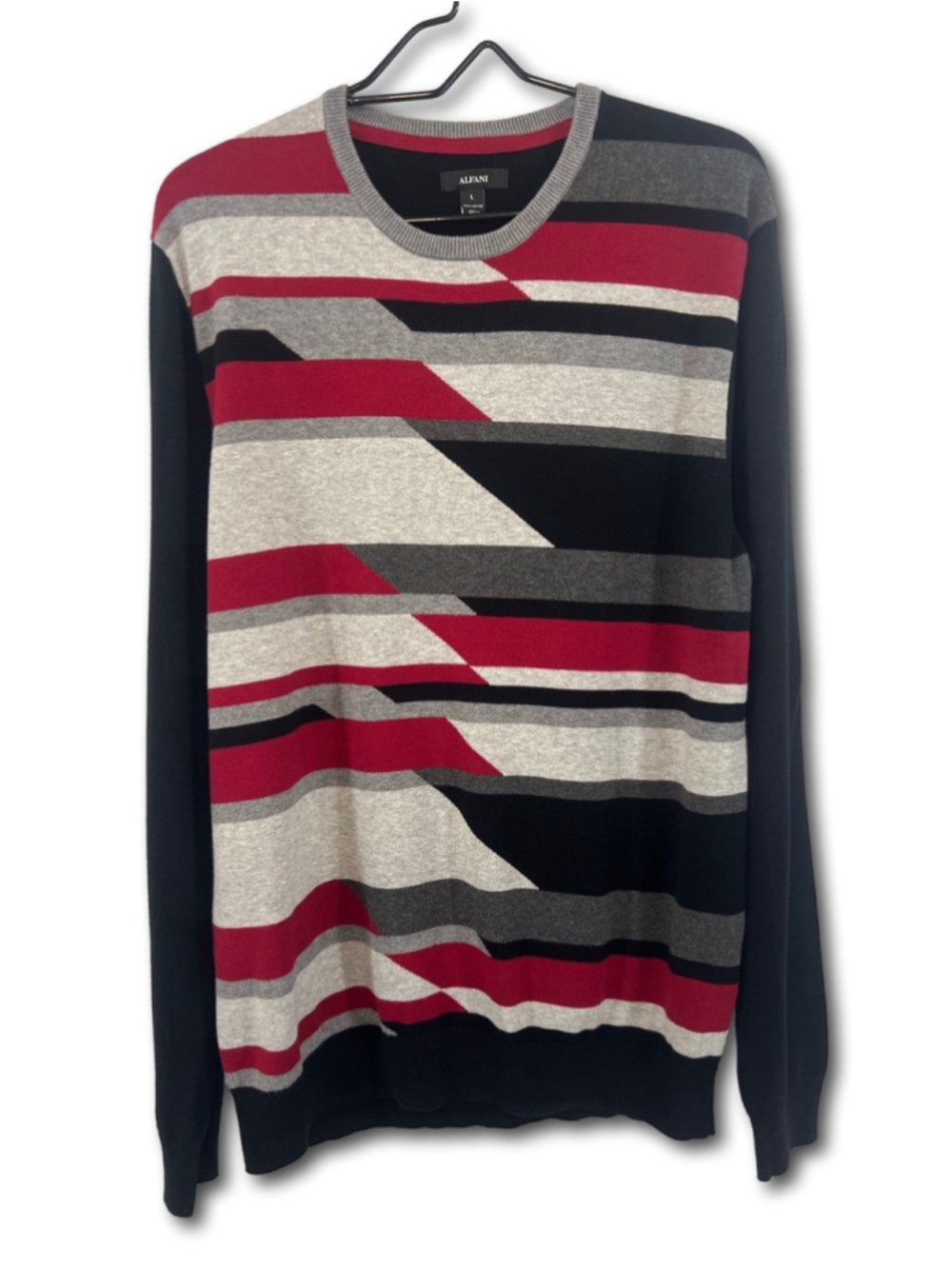 Alfani Sweater Crewneck Long Sleeve Black Red White Geometric Men’s Large